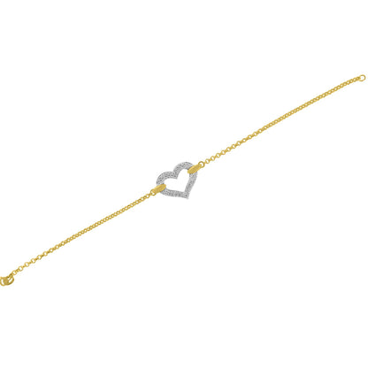 Bracelet shown flat from a top-down angle with a yellow chain and a white heart-shaped centerpiece adorned with round white gemstones in prong settings.