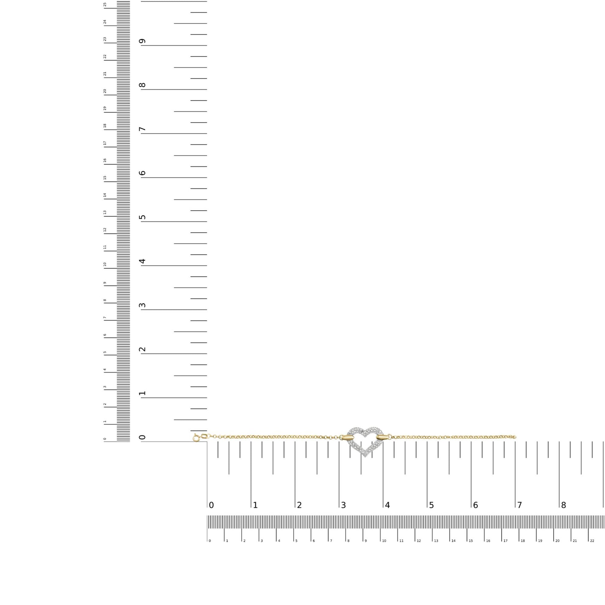 Bracelet with chain and heart-shaped centerpiece featuring white round gemstones in prong setting, lying flat on a ruler for size reference, shot from above.