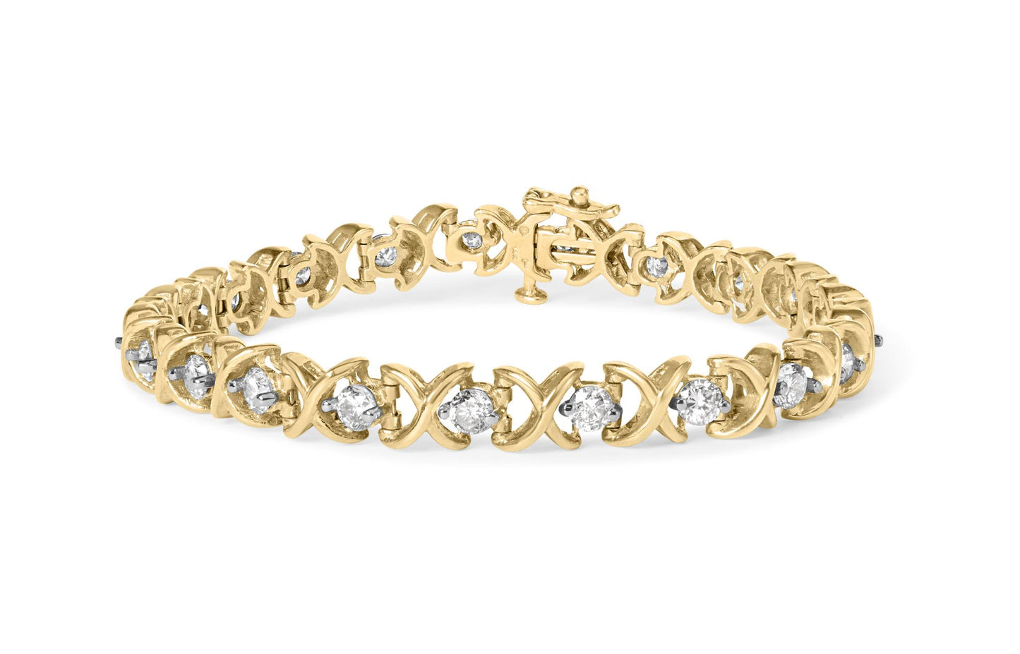 Yellow metal bracelet with round white gemstones in prong settings, shown in a front angled view.