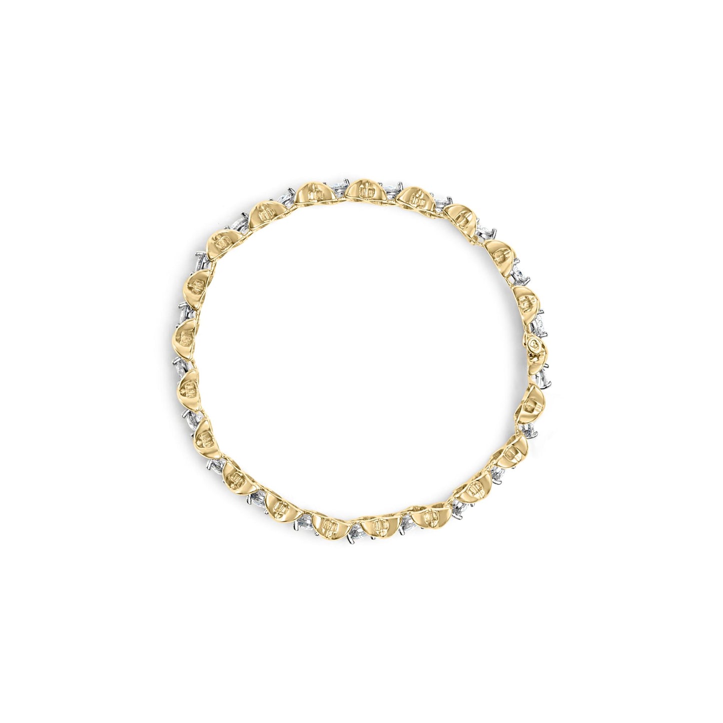 Top-down view of a yellow bracelet featuring alternating round prong-set white gemstones and baguette channel-set white gemstones.