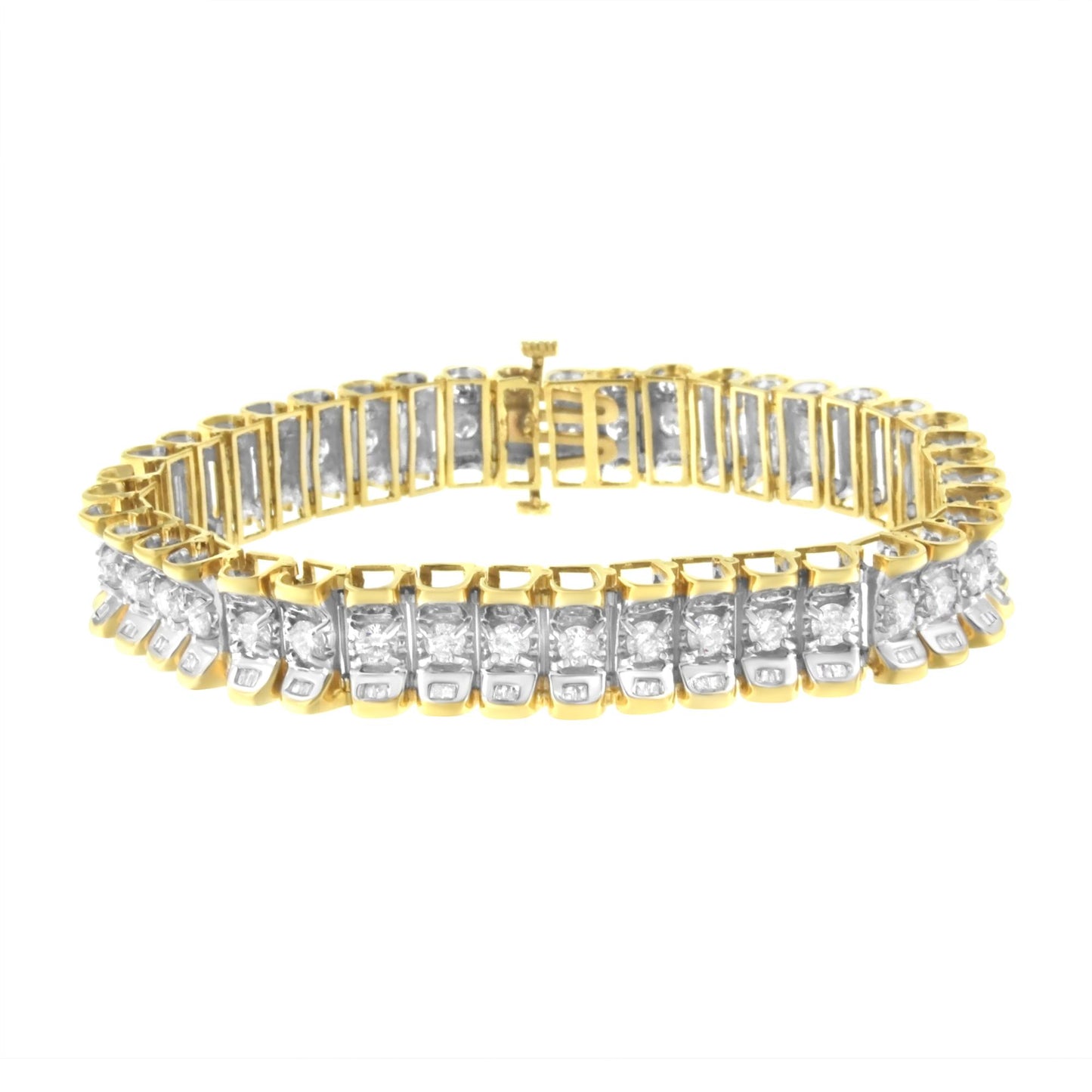 Close-up front angle of a yellow and white metal bracelet with white round prong-set gemstones and white baguette channel-set gemstones.