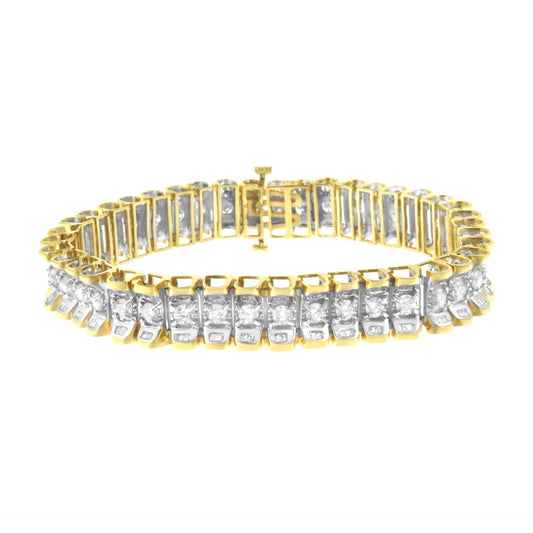 Close-up front angle of a yellow and white metal bracelet with white round prong-set gemstones and white baguette channel-set gemstones.