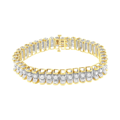 Yellow and white metal bracelet with round prong-set white gemstones and baguette channel-set white gemstones, shown at a slight angle.