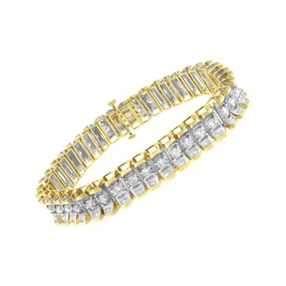 Yellow and white bracelet with alternating rows of round prong-set white gemstones and baguette channel-set white gemstones, shown at an angled top-down view.