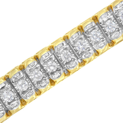 Close-up angled view of a two-tone bracelet with alternating sections featuring round white gemstones in prong settings surrounded by baguette white gemstones in channel settings.