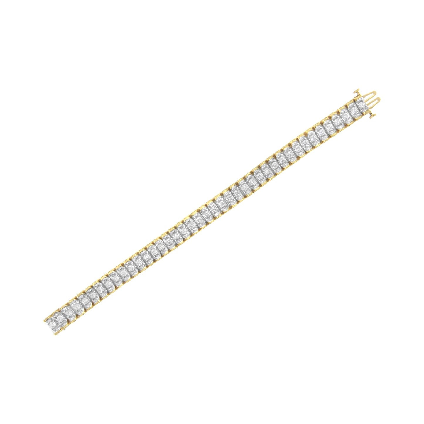 Bracelet with yellow and white metal featuring round white gemstones in prong settings and baguette white gemstones in channel settings, shown flat on a white background from a top angle.