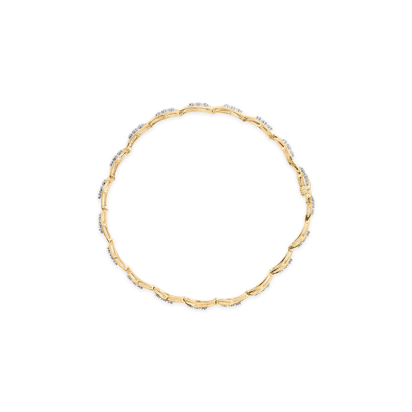 Top-down view of a yellow bracelet with round white gemstones in prong settings along its linked design.
