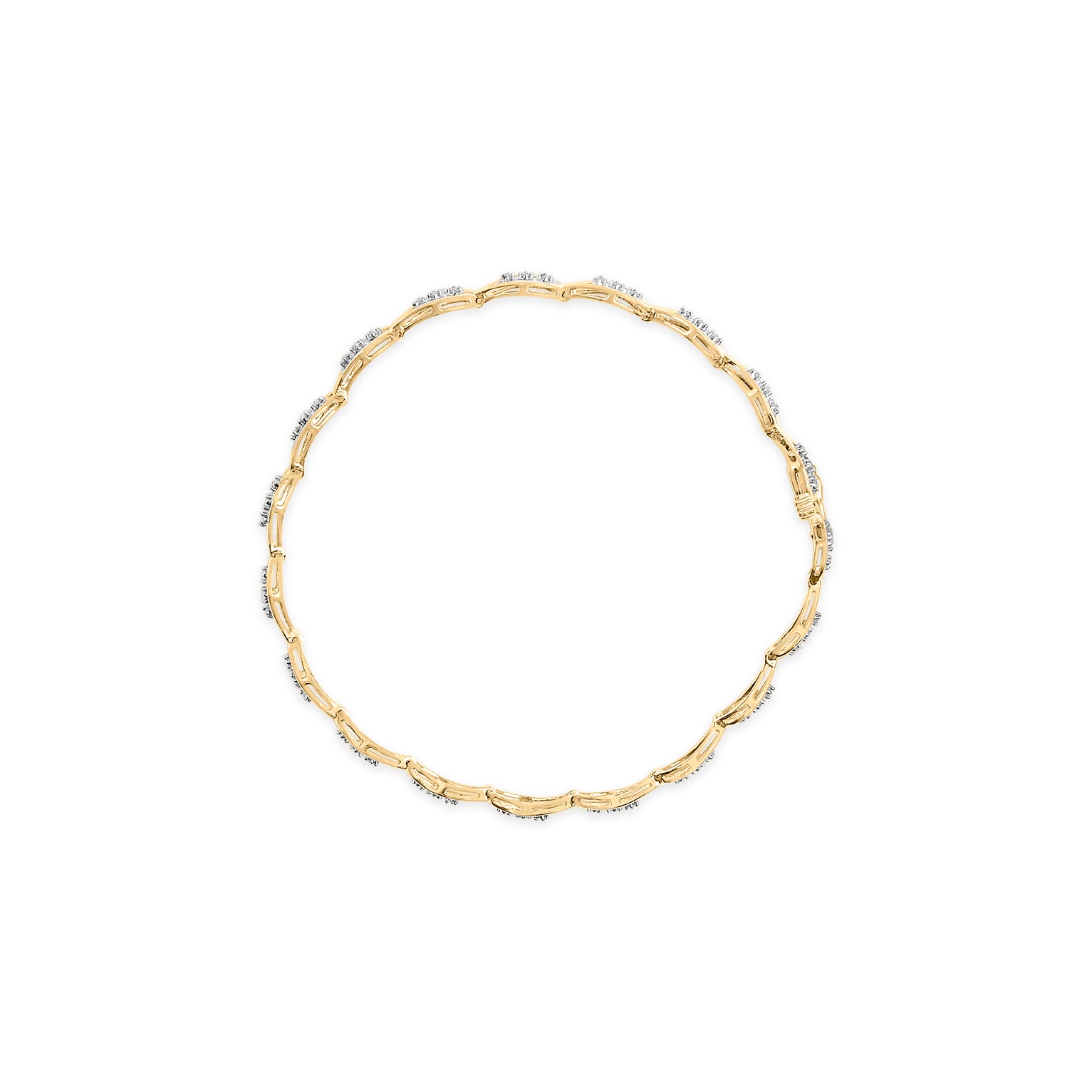 Top-down view of a yellow bracelet with round white gemstones in prong settings along its linked design.