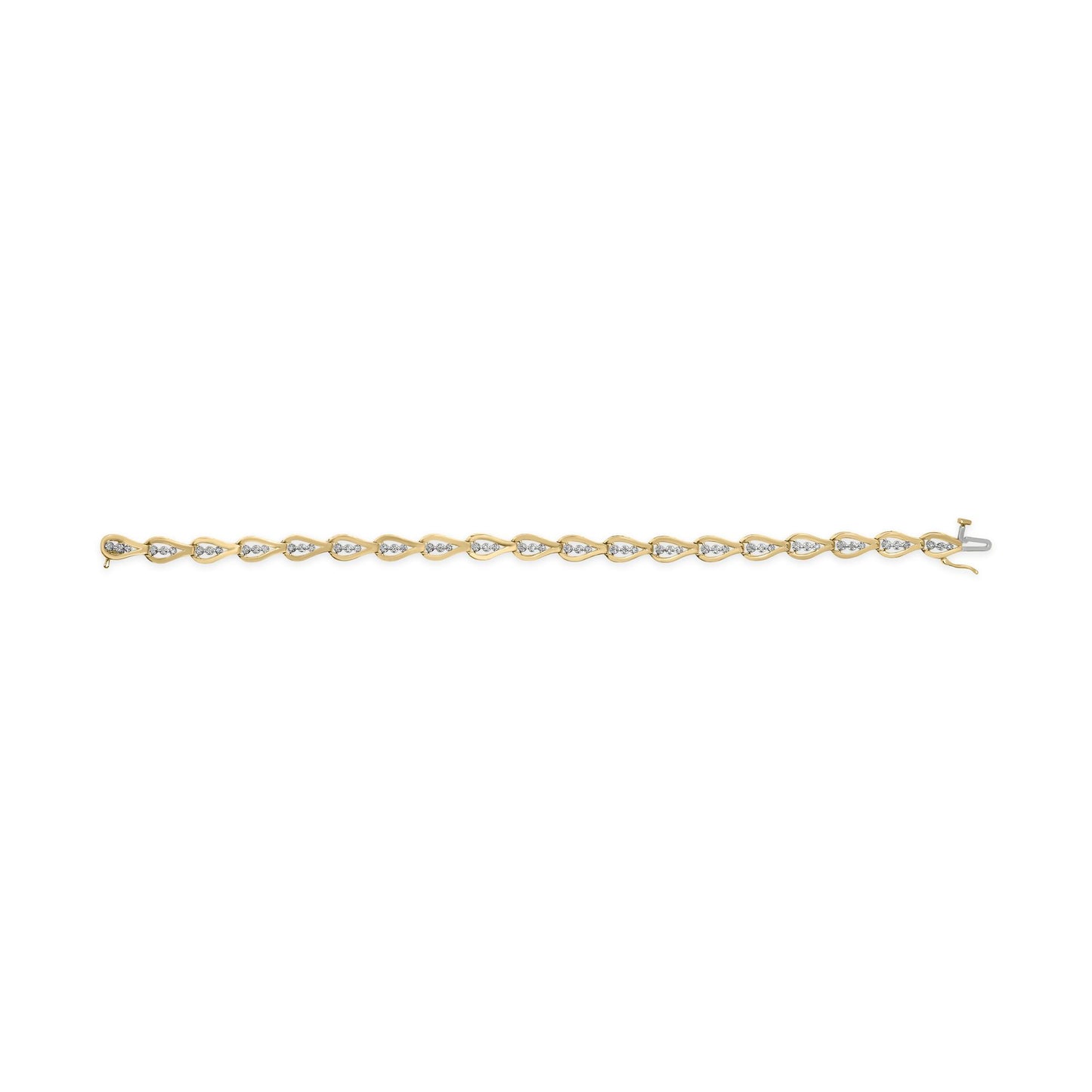 Yellow metal bracelet with alternating teardrop-shaped links featuring white round gemstones in prong settings, shown flat from a top-down angle.