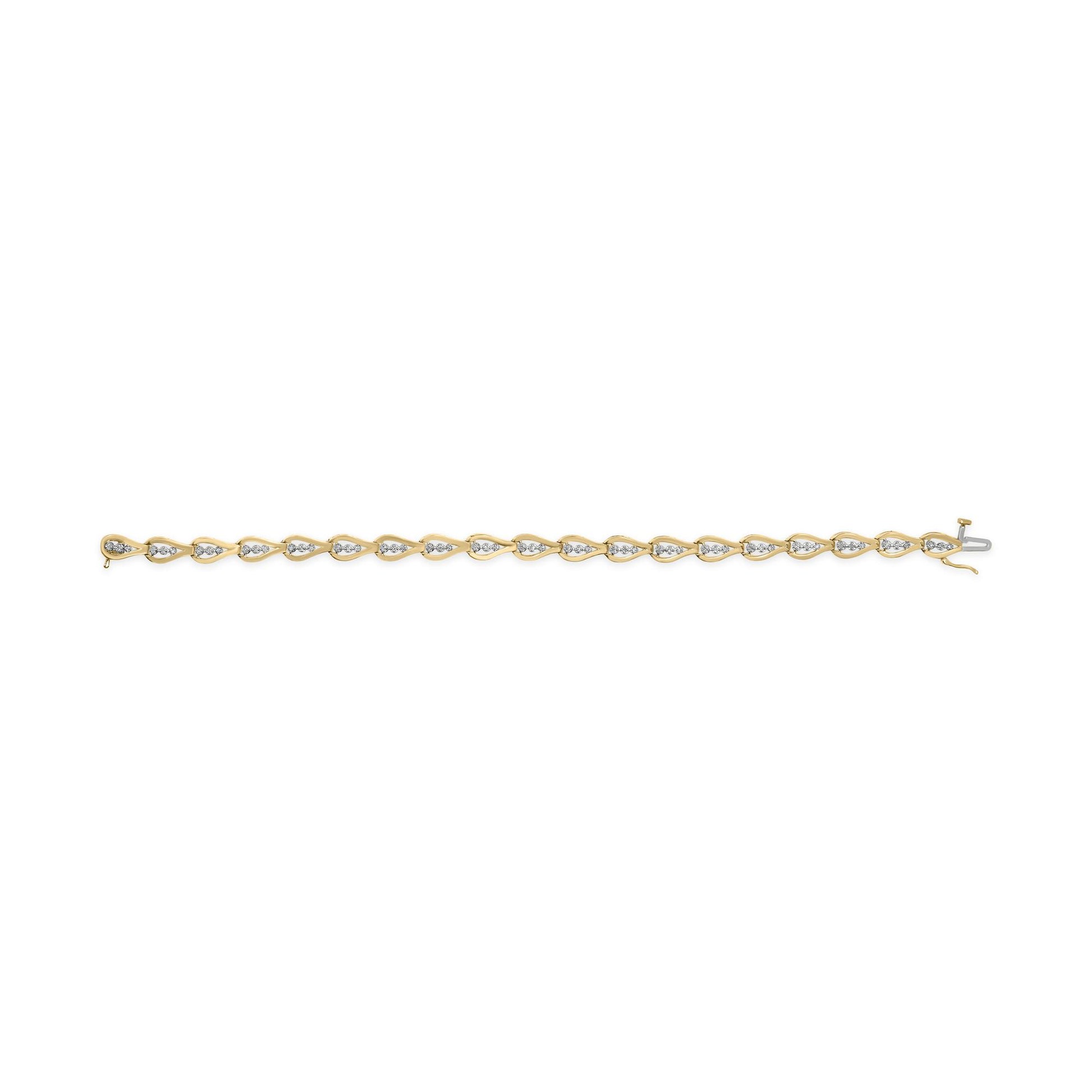Yellow metal bracelet with alternating teardrop-shaped links featuring white round gemstones in prong settings, shown flat from a top-down angle.