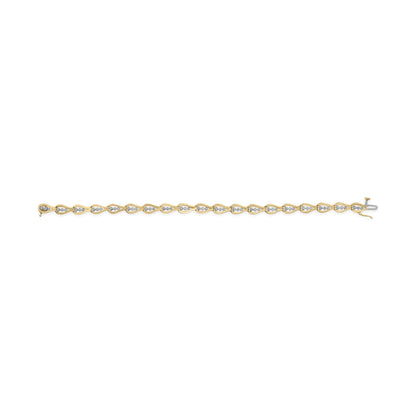 Yellow metal bracelet with alternating teardrop-shaped links featuring white round gemstones in prong settings, shown flat from a top-down angle.