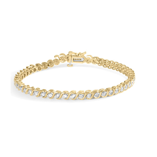 Yellow metal bracelet with round white gemstones in prong settings, shown from a front angled view.