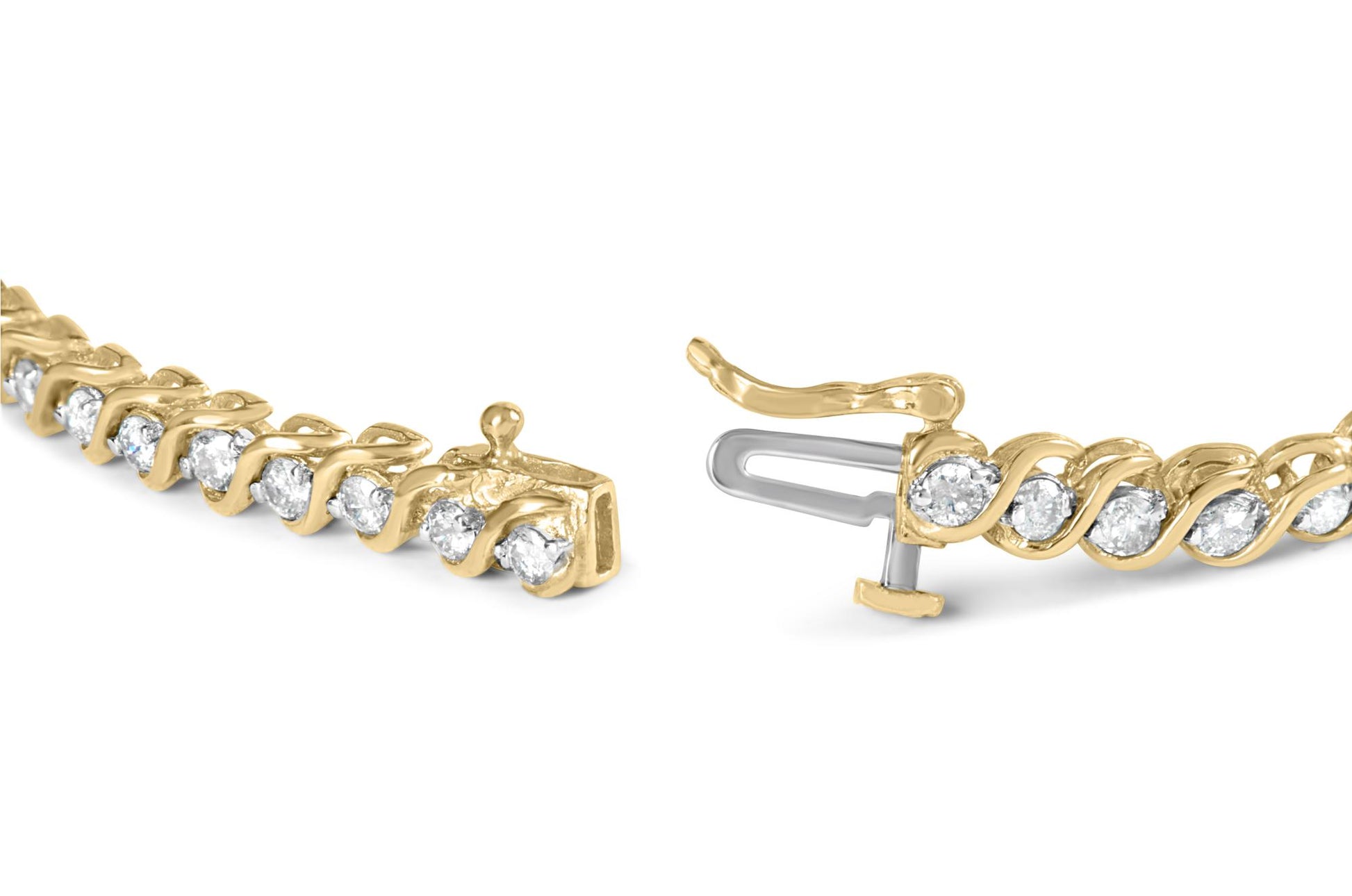 Close-up front angle of a yellow metal bracelet with round white gemstones in prong settings and a visible clasp.