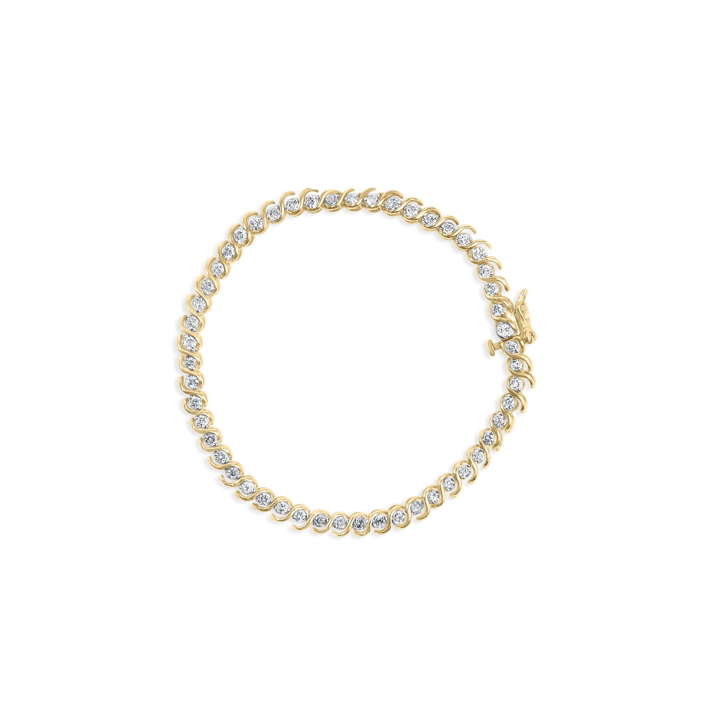 Top-down view of a yellow bracelet with round white gemstones in prong settings all around, featuring a clasp.