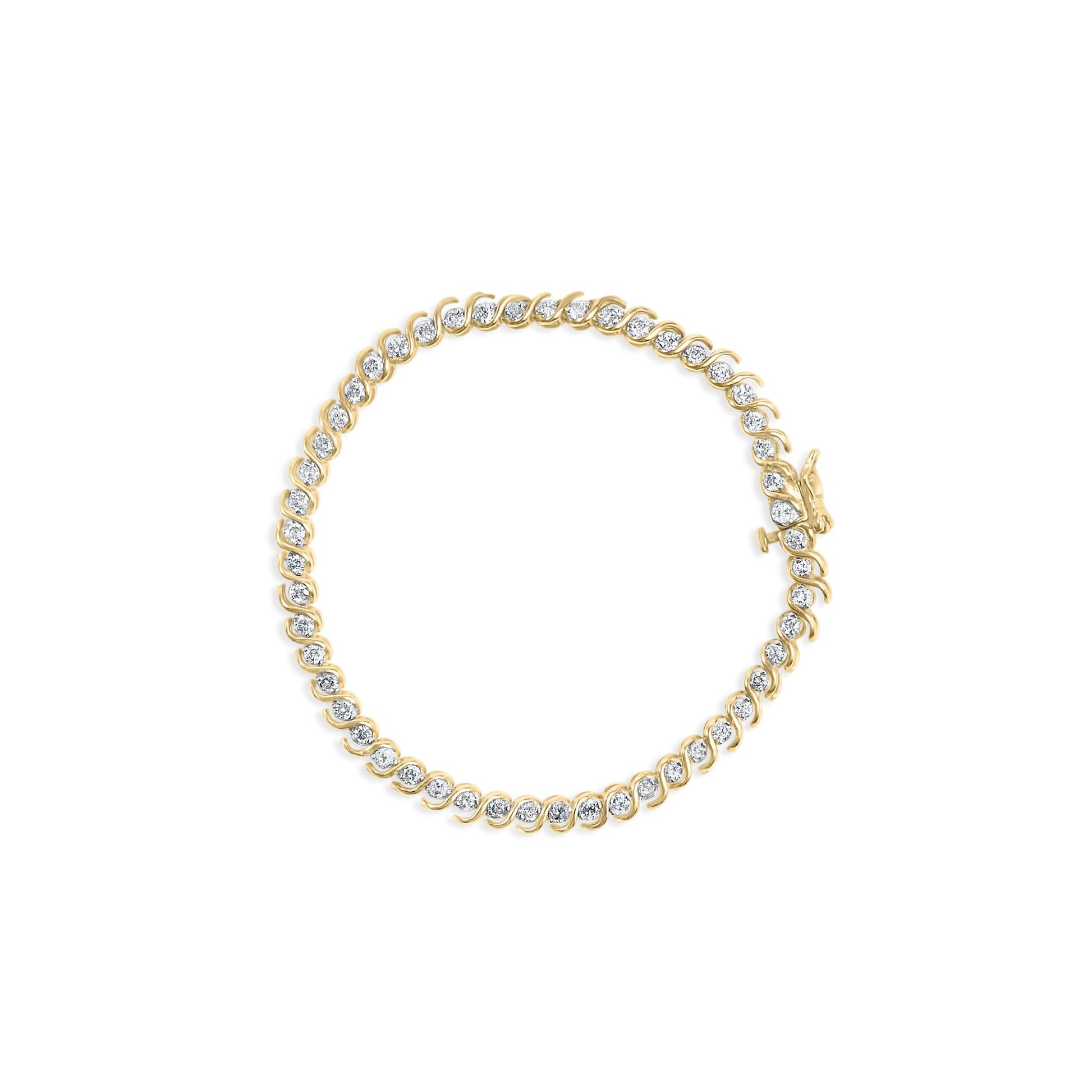 Top-down view of a yellow bracelet with round white gemstones in prong settings all around, featuring a clasp.