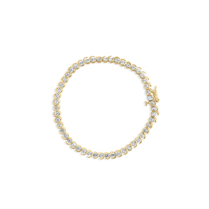 Top-down view of a yellow bracelet with round white gemstones in prong settings all around, featuring a clasp.