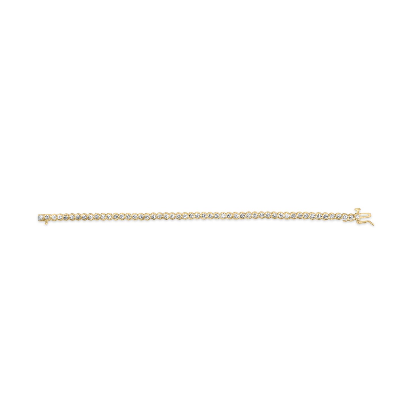 Yellow metal bracelet with round white gemstones in prong settings, shown flat from a top-down angle.