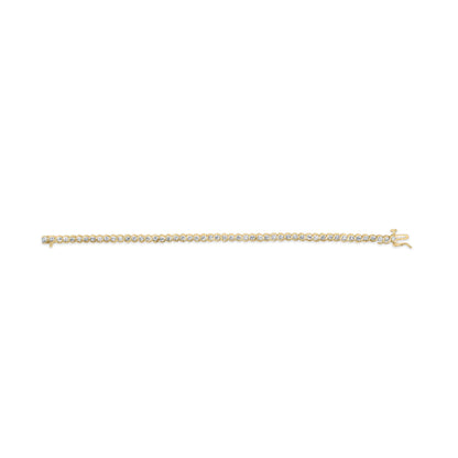Yellow metal bracelet with round white gemstones in prong settings, shown flat from a top-down angle.