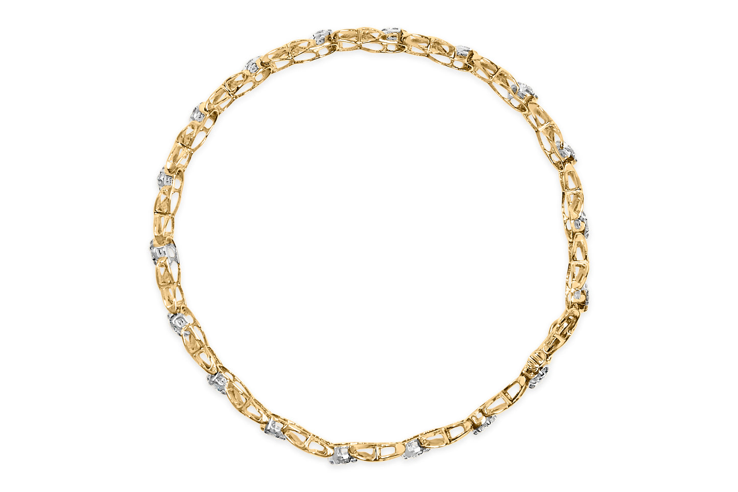 Top-down view of a white metal bracelet with round and baguette white gemstones set in alternating prong and channel settings.