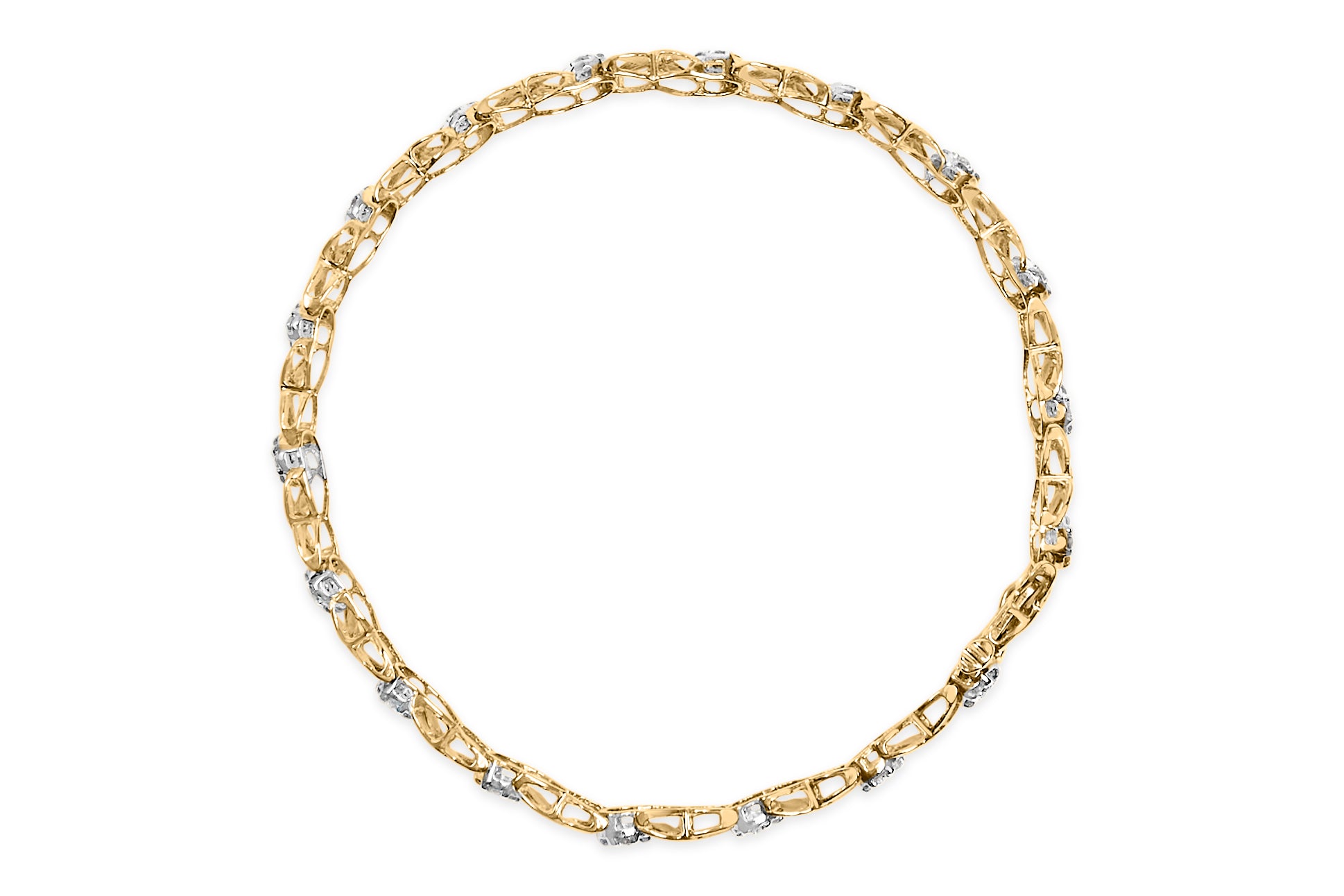 Top-down view of a white metal bracelet with round and baguette white gemstones set in alternating prong and channel settings.