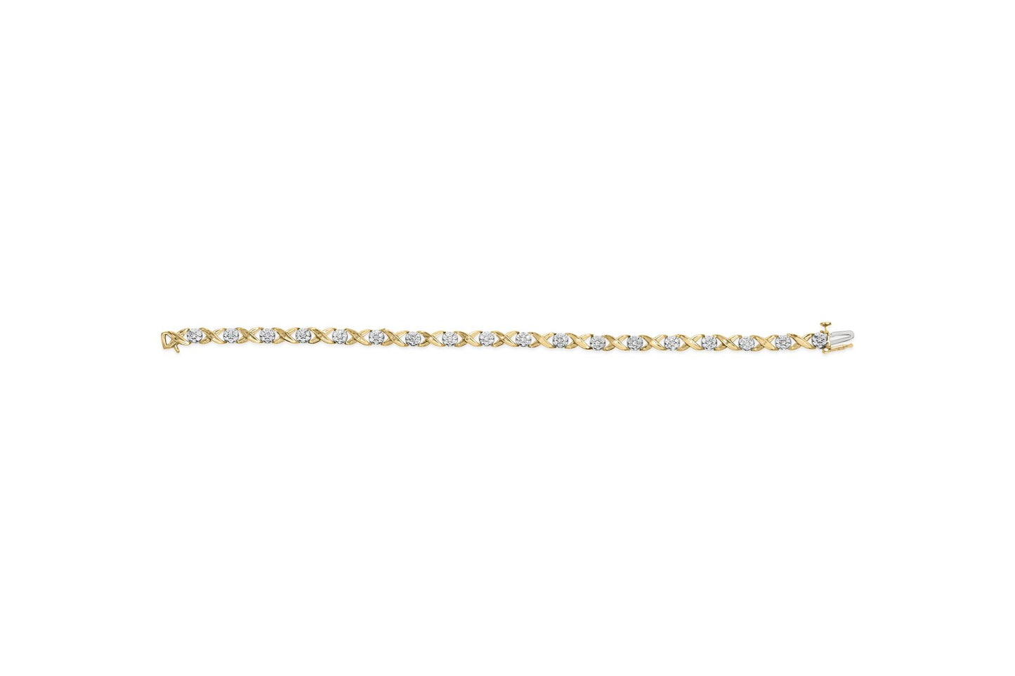 White metal bracelet viewed from above, featuring round prong-set white gemstones alternating with an X-shaped pattern, and channel-set baguette white gemstones near the clasp.