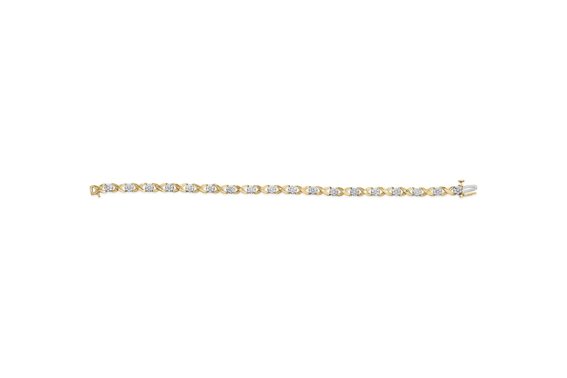 White metal bracelet viewed from above, featuring round prong-set white gemstones alternating with an X-shaped pattern, and channel-set baguette white gemstones near the clasp.