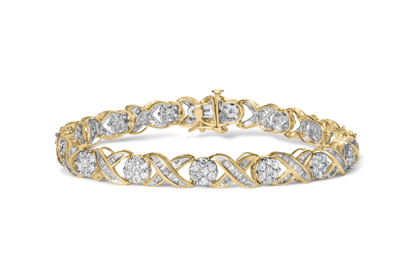 Yellow metal bracelet with an alternating pattern of round white gemstones in prong settings and baguette white gemstones in channel settings, shown in a front-facing angle.