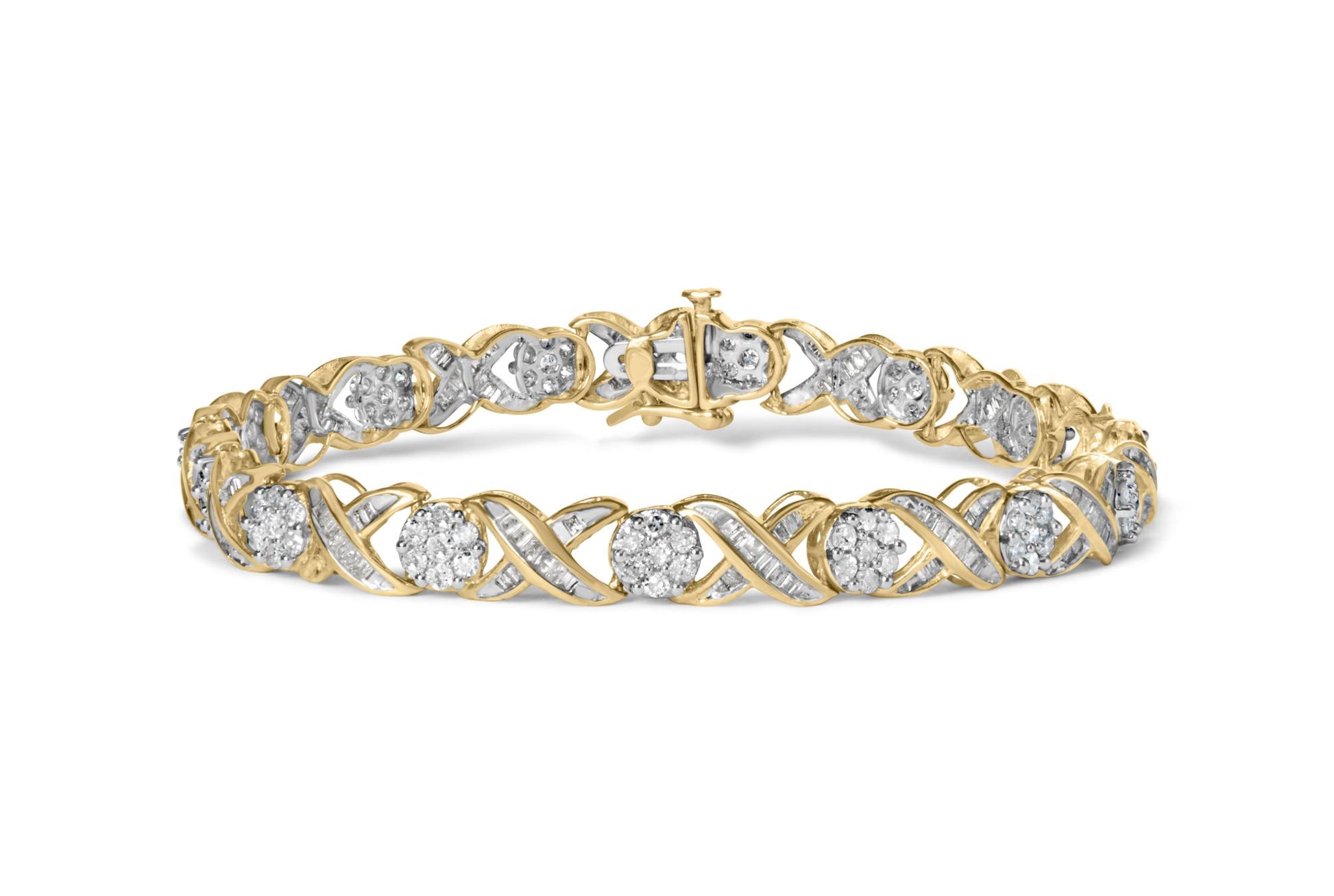 Yellow metal bracelet with an alternating pattern of round white gemstones in prong settings and baguette white gemstones in channel settings, shown in a front-facing angle.