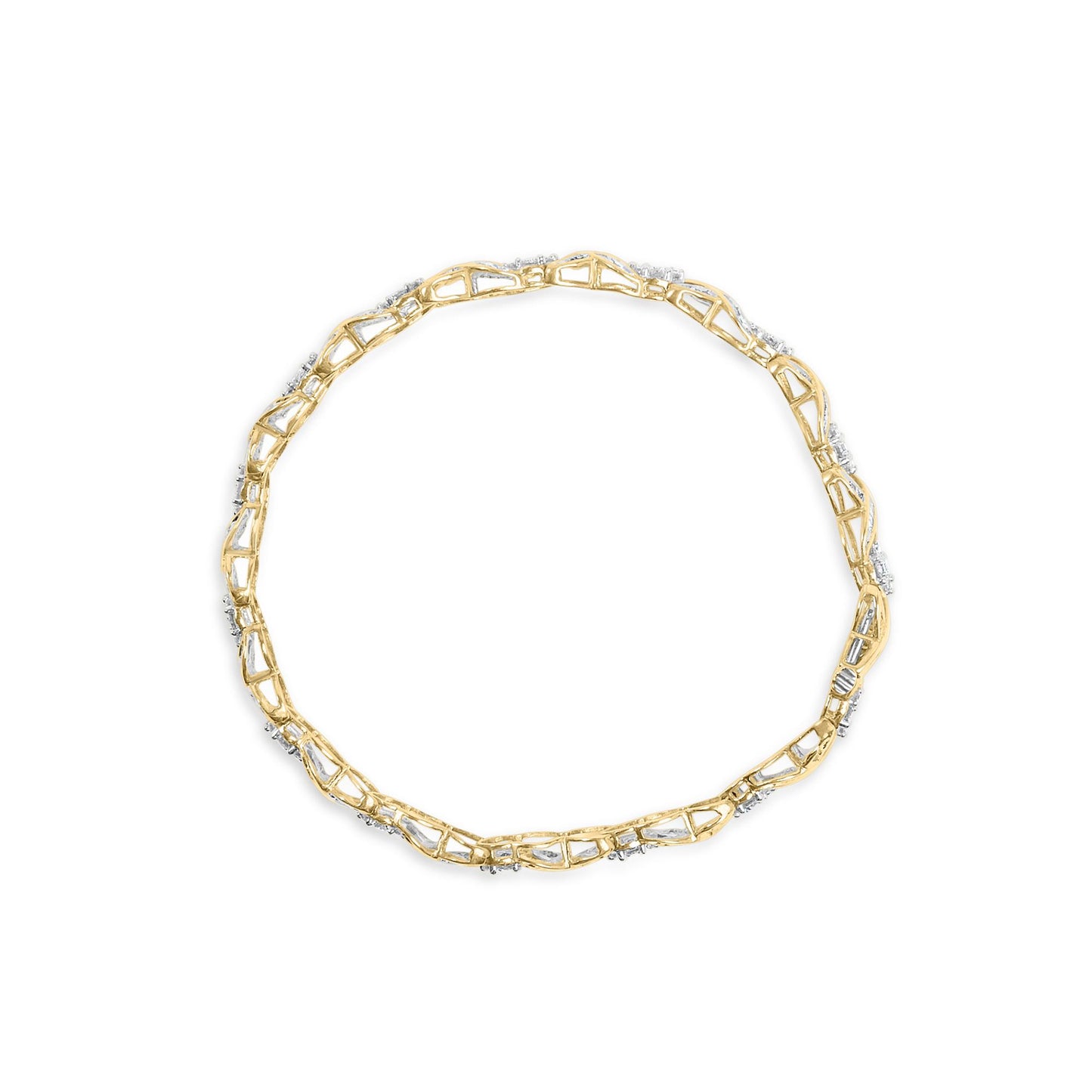 Top-down view of a yellow metal bracelet featuring round white gemstones in prong settings and baguette white gemstones in channel settings.