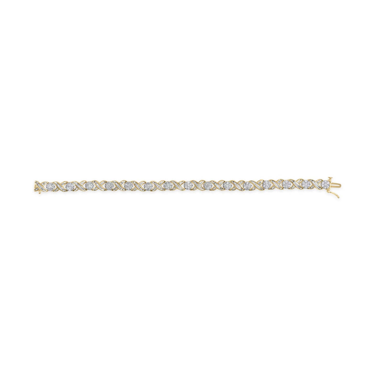 Straight-on shot of a yellow metal bracelet featuring alternating round white gemstones in prong settings and baguette-shaped white gemstones in channel settings.