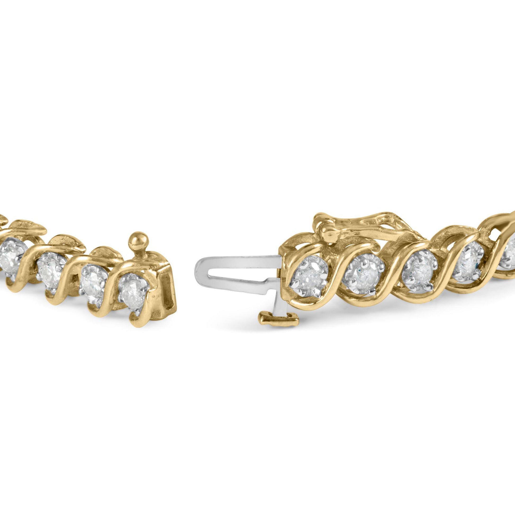 Close-up side view of a yellow bracelet featuring round white gemstones in a twisted setting with a visible clasp.