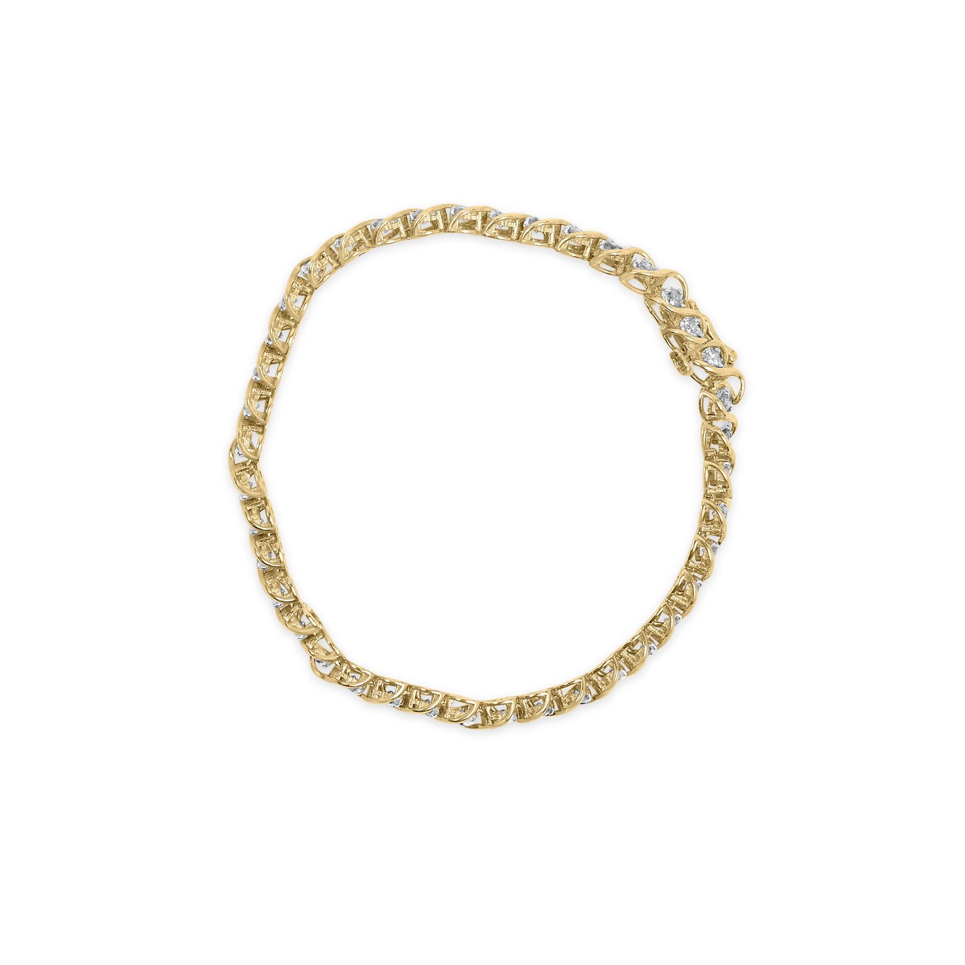 Yellow bracelet with round white gemstones in a miracle setting, shown flat from a top-down angle.