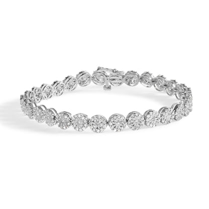 White metal bracelet with round pave-set white gemstones in circular settings, shown in a front angled view.