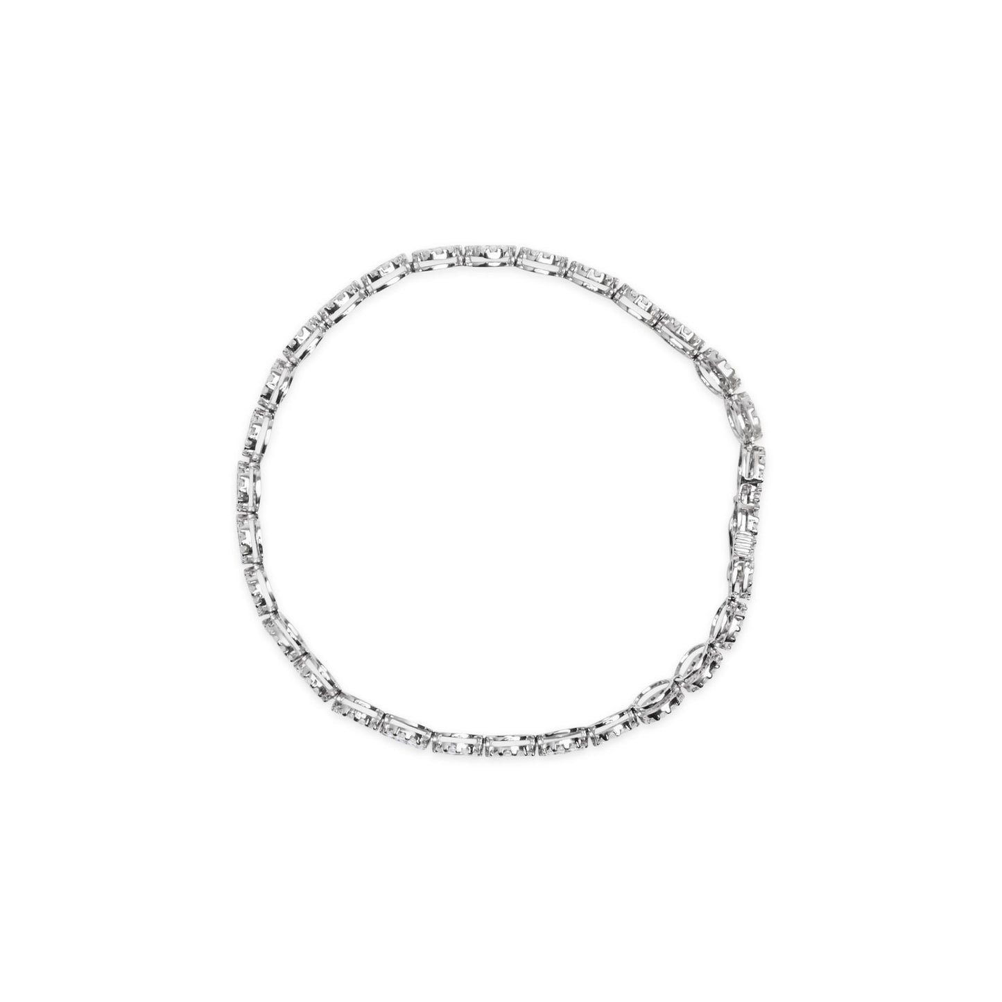 Top-down view of a white metal bracelet with round white gemstones in a pave setting encircling the design.