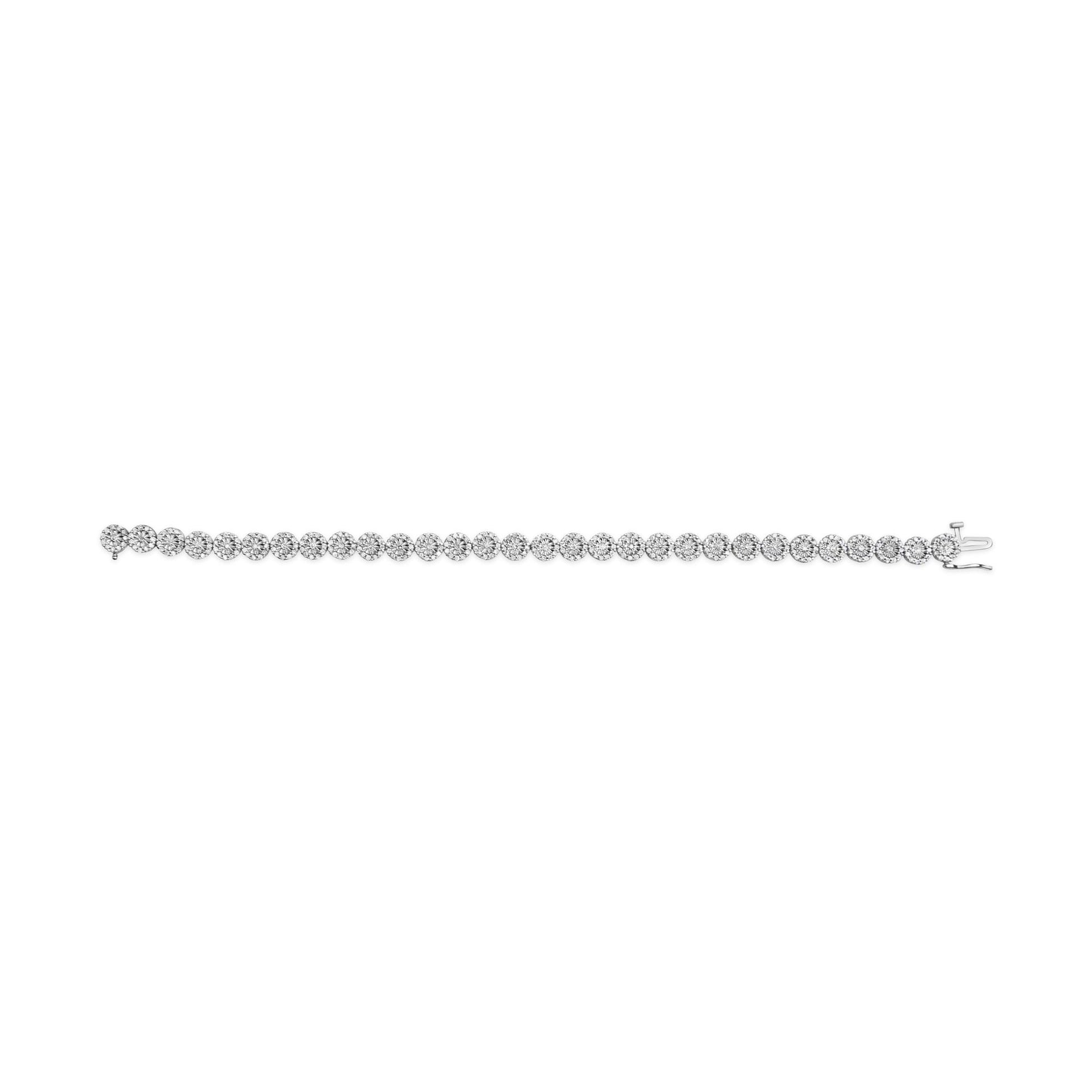 White metal bracelet with round white gemstones in a pave setting, side view on a white background.