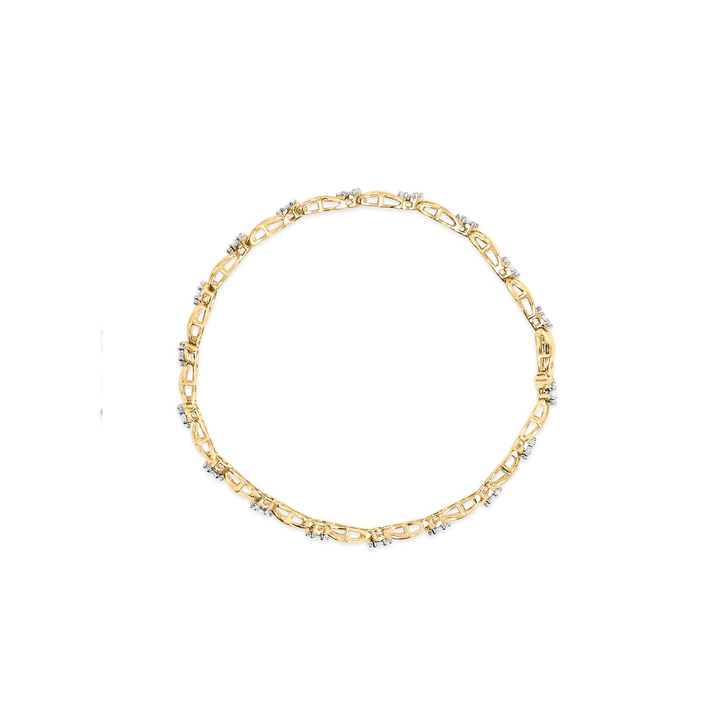 Top-down view of a yellow metal bracelet with multiple sections set with small round white gemstones in a pave setting.