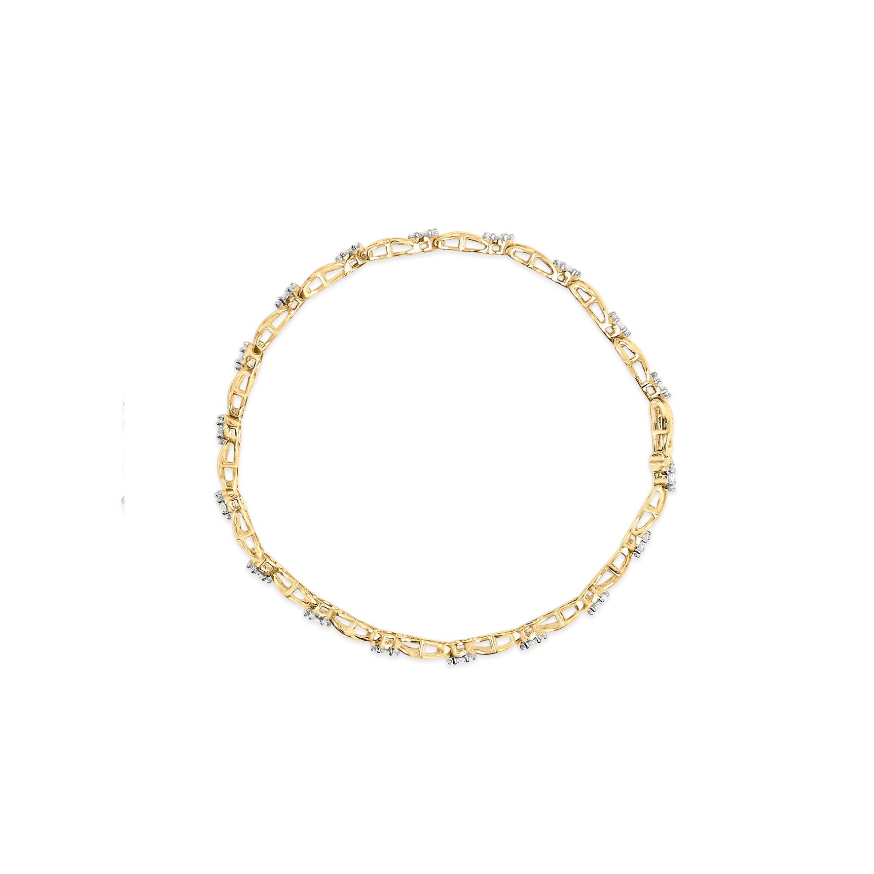Top-down view of a yellow metal bracelet with multiple sections set with small round white gemstones in a pave setting.