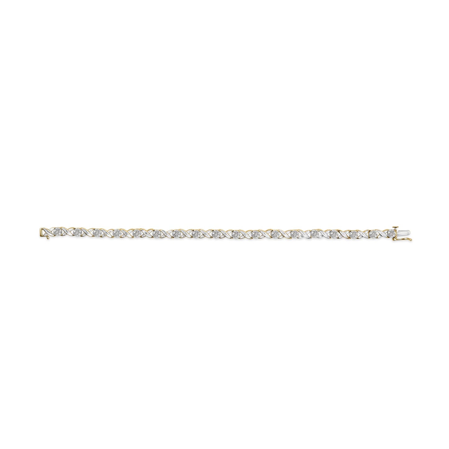 Yellow bracelet with an interwoven pattern of white round gemstones in pave setting, shown flat from a top-down angle.