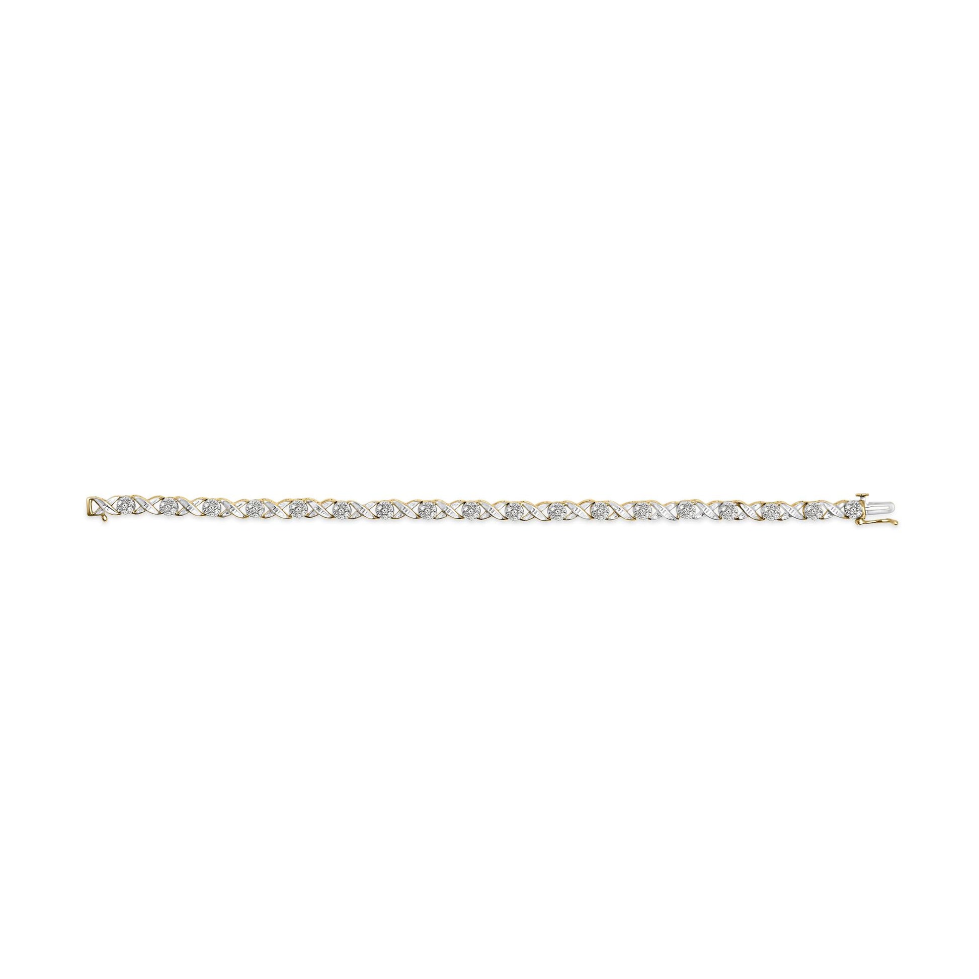 Yellow bracelet with an interwoven pattern of white round gemstones in pave setting, shown flat from a top-down angle.