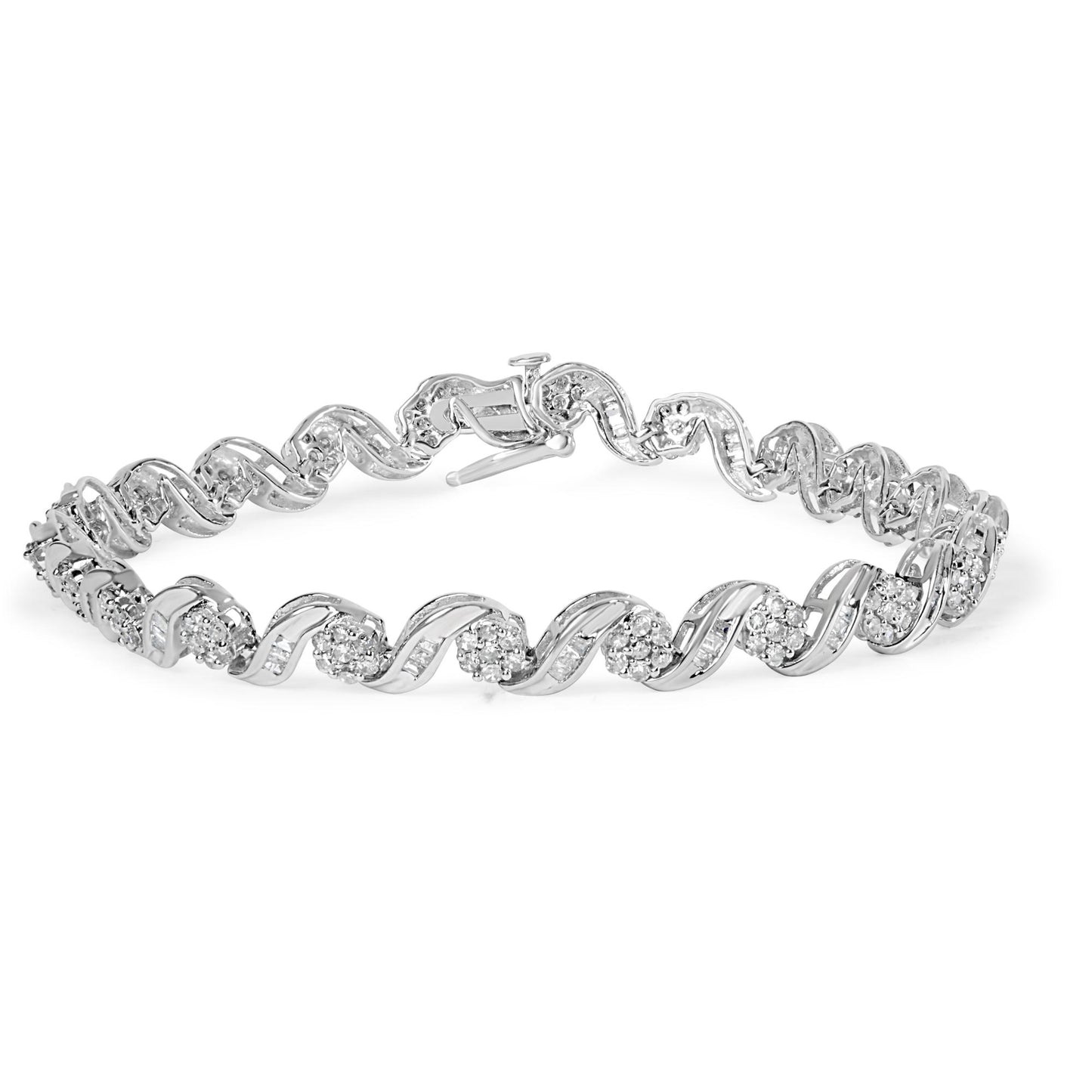 White metal bracelet with alternating round and baguette-shaped white gemstones in prong and channel settings, shot from the front angle on a white background.