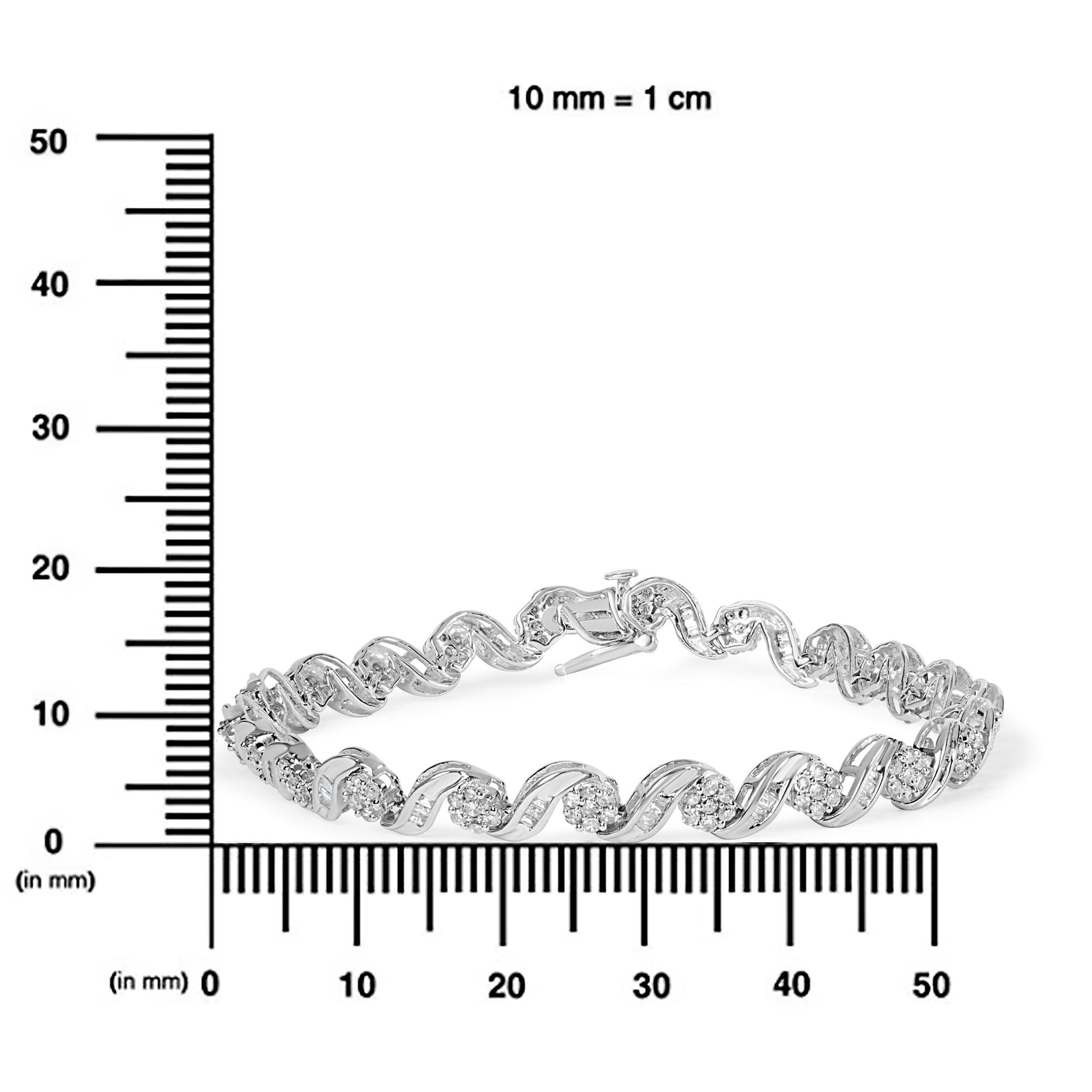White metal bracelet with alternating twisted segments set with round and baguette white gemstones, shown on a ruler for size reference, shot from a side angle.