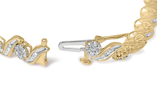 Close-up angled view of a yellow bracelet featuring clusters of round white gemstones in prong settings and curved sections with channel-set white baguette gemstones.