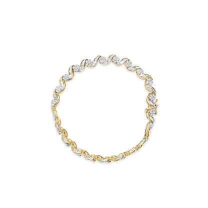 Top view of a yellow metal bracelet featuring alternating round prong-set white gemstones and twisted loops with channel-set baguette white gemstones.