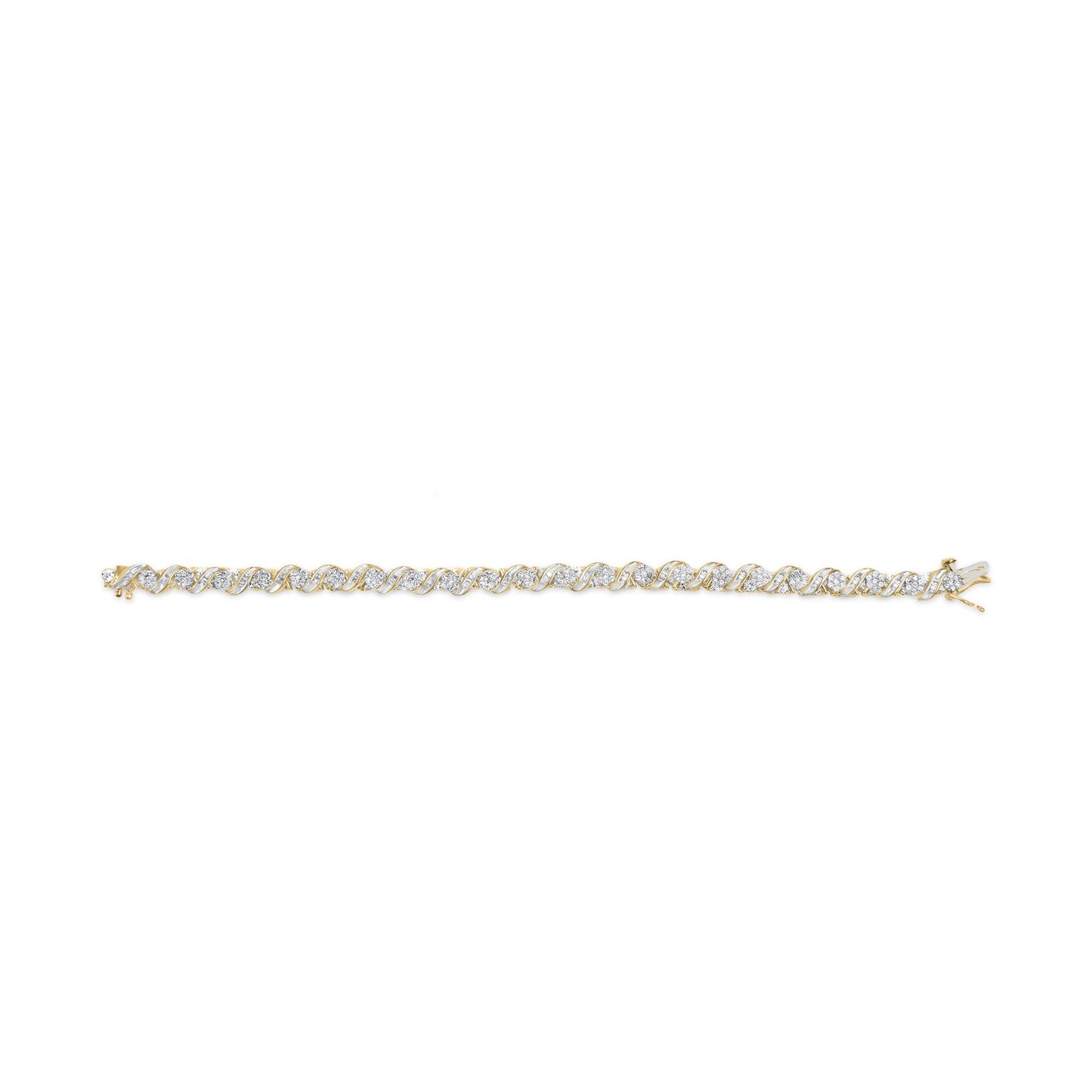 Top-down view of a yellow bracelet featuring alternating rows of round white gemstones in prong settings and baguette white gemstones in channel settings.