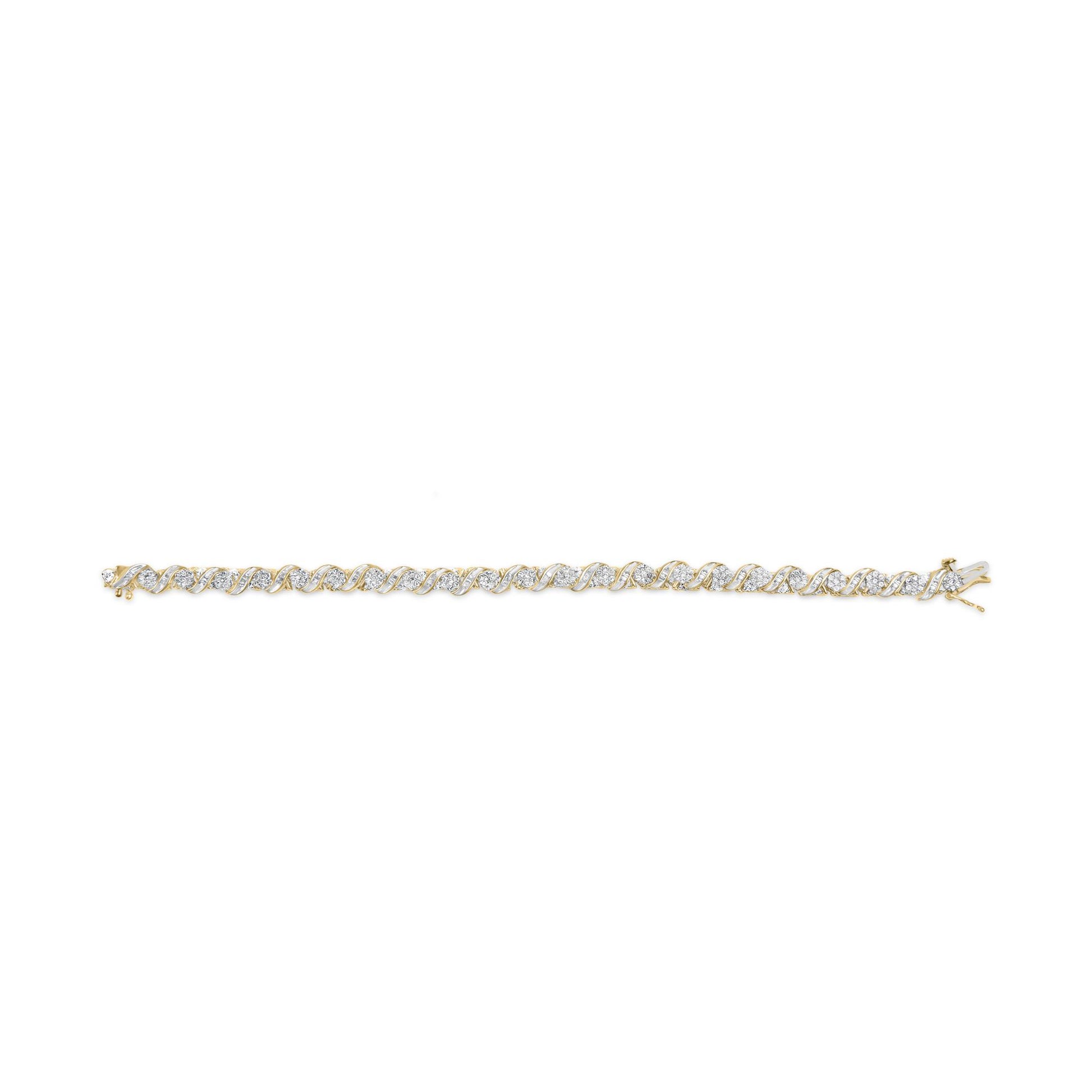 Top-down view of a yellow bracelet featuring alternating rows of round white gemstones in prong settings and baguette white gemstones in channel settings.