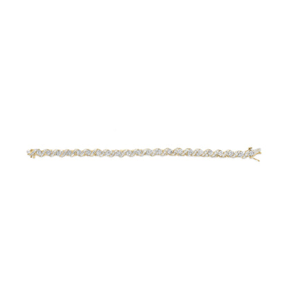 Top-down view of a yellow bracelet featuring alternating rows of round white gemstones in prong settings and baguette white gemstones in channel settings.