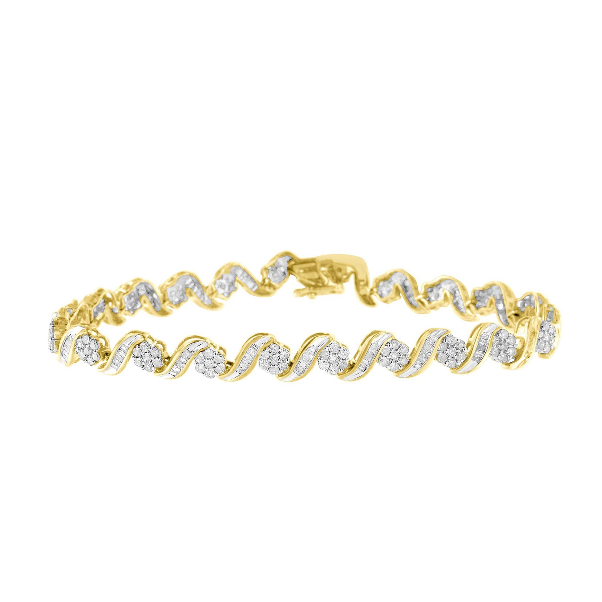 Yellow bracelet with alternating clusters of round white gemstones in prong settings and baguette white gemstones in channel settings, shown from a flat front angle.