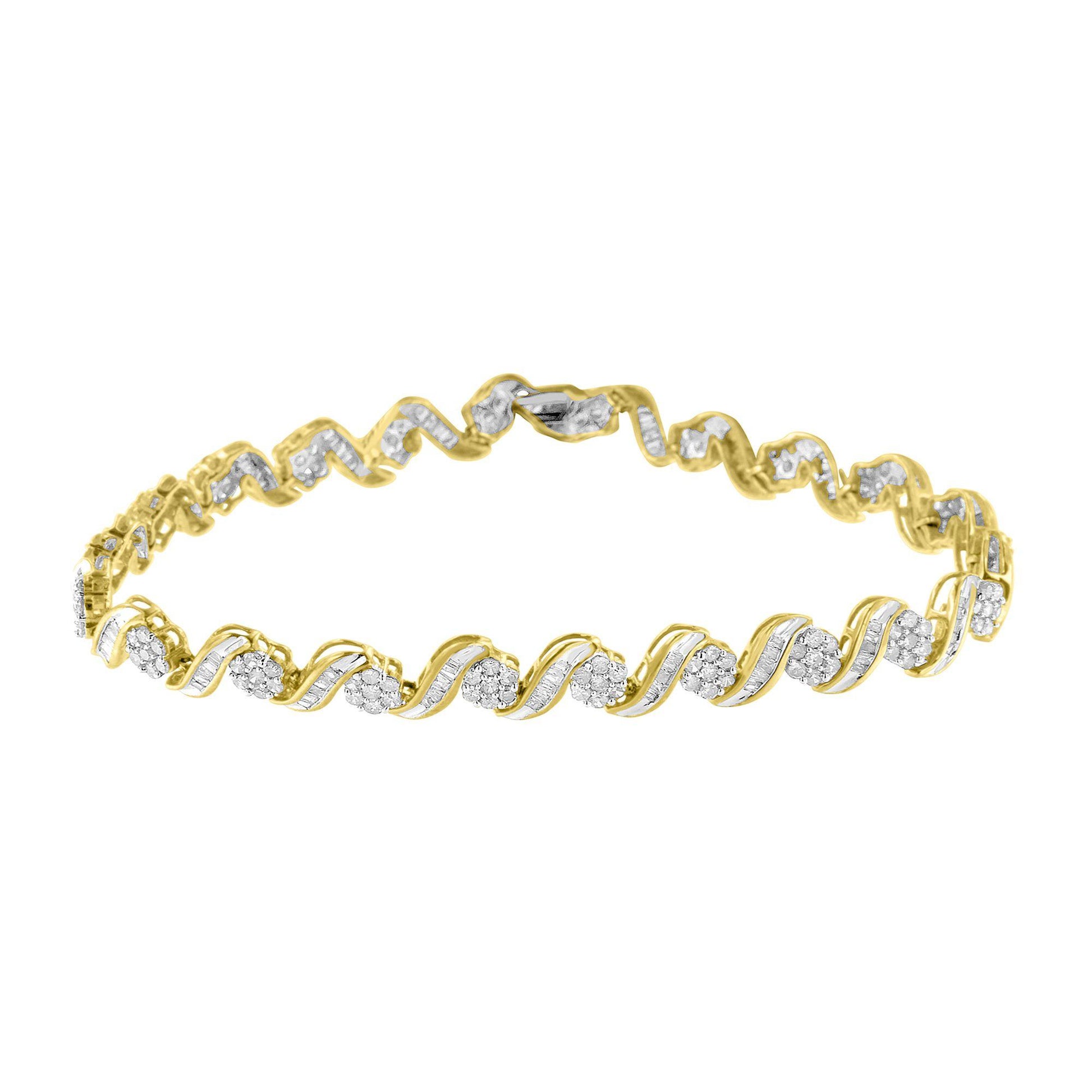 Yellow bracelet with alternating round and baguette white gemstones in prong and channel settings, shown from a front angle.