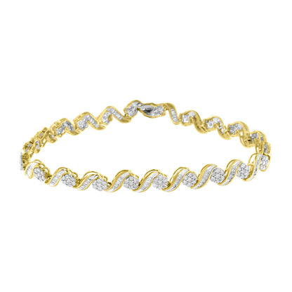 Yellow bracelet with alternating round and baguette white gemstones in prong and channel settings, shown from a front angle.