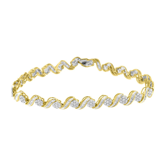 Yellow bracelet with alternating round and baguette white gemstones in prong and channel settings, shown from a front angle.